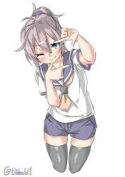Rule 34 | 10s, 1girl, antenna hair, aoba (kancolle), arm up, bad id, bad twitter id, black thighhighs, blue eyes, blue shorts, blush, closed mouth, cowboy shot, cropped legs, ebifurya, eyebrows, finger frame, hair between eyes, hair ornament, hand up, head tilt, highres, inactive account, kantai collection, looking at viewer, neckerchief, one eye closed, pink hair, ponytail, school uniform, serafuku, short sleeves, shorts, simple background, smile, solo, thighhighs, twitter username, white background