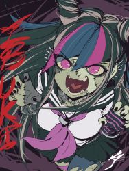 Rule 34 | 1girl, aetherion, asymmetrical legwear, black hair, black skirt, blue hair, breasts, character name, claw pose, commentary, commission, danganronpa (series), danganronpa 2: goodbye despair, ear piercing, fangs, from above, hair horns, hands up, highres, jewelry, lip piercing, long hair, looking at viewer, medium breasts, mioda ibuki, mismatched legwear, multicolored hair, neckerchief, necklace, open mouth, piercing, pink eyes, pink hair, pleated skirt, sailor collar, scar, school uniform, serafuku, skirt, smile, solo, stitches, teeth, thighhighs, tongue, torn clothes, torn thighhighs, white hair, zombie, zombie land saga
