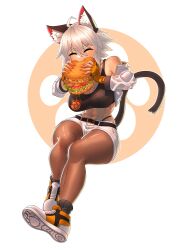 Rule 34 | 1girl, abs, absurdres, ahoge, animal ears, belt, belt buckle, breasts, buckle, burger, cat ears, cat girl, cat tail, closed eyes, commentary, cropped jacket, eating, english commentary, fingerless gloves, food, full body, gintm, gloves, grey hair, highres, holding, holding food, jacket, large breasts, midriff, navel, open clothes, open jacket, original, pantyhose, shoes, short hair, shorts, sneakers, solo, tail
