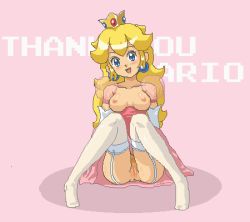 Rule 34 | 1girl, blonde hair, blue eyes, blush, breastless clothes, breasts, breasts out, cleft of venus, crown, female pubic hair, garter straps, head tilt, jaggy lines, kasuga (kasuga39), knees together feet apart, long hair, lowres, mario (series), nintendo, no panties, oekaki, open mouth, pink background, princess, princess peach, pubic hair, pussy, see-through, simple background, sitting, small nipples, smile, solo, thighhighs, uncensored