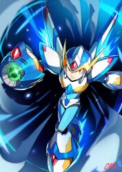 Rule 34 | 1boy, android, arm cannon, armor, artist name, falcon armor x (mega man), flying, forehead jewel, full body, glint, helmet, highres, male focus, mechanical wings, mega man (series), mega man x (series), ohil (ohil822), shoulder armor, solo, weapon, white armor, white helmet, wings, x (mega man), x buster