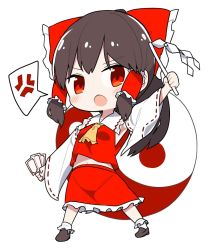 Rule 34 | 1girl, :o, anger vein, arm up, armpits, ascot, black footwear, black hair, blush, bobby socks, bow, breasts, chibi, detached sleeves, frilled bow, frills, full body, gohei, hair bow, hair tubes, hakurei reimu, holding, loafers, long hair, long sleeves, looking at viewer, midriff, navel, neropaso, ofuda, open mouth, petticoat, red bow, red eyes, red skirt, ribbon-trimmed sleeves, ribbon trim, shide, shoes, side ponytail, simple background, skirt, skirt set, small breasts, socks, solo, spoken anger vein, standing, stomach, touhou, v-shaped eyebrows, white background, white socks, wide sleeves, yellow ascot, yin yang