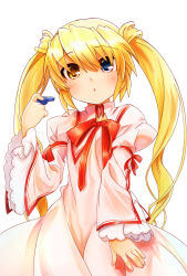 Rule 34 | 10s, 1girl, :o, blonde hair, blue eyes, chestnut mouth, dress, heterochromia, highres, key (company), long hair, looking at viewer, nakatsu shizuru, natsuoto rito, no eyepatch, rewrite, simple background, solo, twintails, white background, yellow eyes