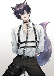 Rule 34 | 1boy, absurdres, animal ear fluff, animal ears, arms behind back, belt, belt buckle, black belt, black collar, black hair, black nails, black pants, blush, buckle, buttons, chain, chain leash, chest harness, collar, collarbone, collared shirt, commentary request, dog boy, dog ears, dog tail, dress shirt, earrings, fingernails, hair between eyes, harness, head tilt, heart, heart-shaped pupils, highres, indie virtual youtuber, jewelry, kneeling, leash, long sleeves, looking at viewer, makura wet, male focus, nail polish, o-ring, open collar, open mouth, pants, purple eyes, raised eyebrows, shirt, shirt tucked in, short hair, shoto (vtuber), simple background, smile, solo, stud earrings, symbol-shaped pupils, tail, teeth, tongue, tongue out, upper teeth only, virtual youtuber, white background, white shirt, wing collar