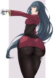 Rule 34 | 1girl, ass, black bodysuit, black hair, blunt bangs, bodysuit, breasts, creatures (company), game freak, gloves, highres, holding, holding poke ball, huuuna, long hair, long sleeves, looking at viewer, looking back, nintendo, open mouth, poke ball, pokemon, pokemon frlg, red eyes, sabrina (pokemon), skin tight, skirt, solo, thick thighs, thighs, white gloves