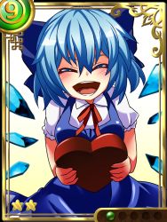 Rule 34 | circled 9, 1girl, ^ ^, blue dress, blue hair, blush, bow, breasts, cirno, dress, closed eyes, hair bow, heart, ice, ice wings, open mouth, short hair, small breasts, solo, touhou, valentine, wings, yagami (mukage)