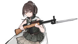 Rule 34 | 1girl, assault rifle, bayonet, belt, brown eyes, brown hair, brown skirt, cloak, feet out of frame, girls&#039; frontline, gun, hair ornament, hairclip, highres, holding, holding gun, holding weapon, long hair, looking at viewer, open mouth, ponytail, rampart1028, rifle, skirt, smile, solo, standing, type 63 (girls&#039; frontline), type 63 assault rifle, upper body, weapon, white background, white cloak