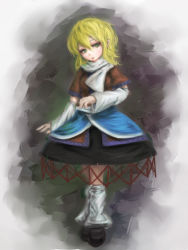 Rule 34 | 1girl, arm warmers, black footwear, black shirt, black skirt, blonde hair, breasts, brown jacket, closed mouth, commentary request, expressionless, full body, green eyes, hair between eyes, hiepita (1014), jacket, looking at viewer, lowres, medium breasts, mizuhashi parsee, multicolored clothes, multicolored jacket, pointy ears, sash, scarf, shirt, shoes, short hair, short sleeves, skirt, socks, solo, touhou, white sash, white scarf, white socks