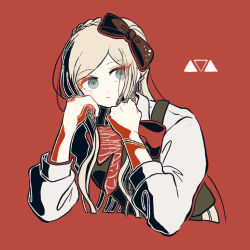 Rule 34 | 1girl, artist logo, black bow, blonde hair, blue eyes, bow, bracelet, braid, brown bow, closed mouth, commentary request, cropped torso, danganronpa (series), danganronpa 2: goodbye despair, dress, frown, hair bow, hand on own face, hands up, head rest, jewelry, kiri (2htkz), long hair, long sleeves, looking at viewer, red background, red bow, ribbon, shirt, short hair, simple background, sleeves past elbows, smile, solo, sonia nevermind, upper body, white shirt