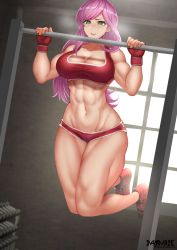 Rule 34 | 1girl, abs, artist name, bare shoulders, bikini, blush, breasts, cleavage, clenched teeth, collarbone, commentary, commission, english commentary, fingerless gloves, full body, gloves, green eyes, highres, large breasts, long hair, masamune oekaki, mixed-language commentary, muscular, muscular female, navel, original, outdoors, parted bangs, pink hair, pixiv commission, red bikini, red footwear, red gloves, shoes, sidelocks, skindentation, sneakers, solo, sports bikini, steam, swimsuit, taut clothes, teeth, thick thighs, thighs, training, twitter username, window