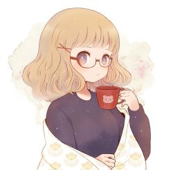 Rule 34 | 1girl, ayu (mog), black sweater, blanket, bright pupils, brown eyes, brown hair, closed mouth, cup, glasses, glasses day, hair ornament, holding, holding cup, long sleeves, looking at viewer, medium hair, original, red-framed eyewear, semi-rimless eyewear, solo, sweater, under-rim eyewear, upper body, white pupils, x hair ornament