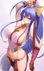 Rule 34 | 1girl, antenna hair, areola slip, arm up, armpit peek, armpits, arms behind back, arms behind head, backless outfit, blazblue, blazblue: central fiction, blazblue variable heart, blue hair, blush, bow, breasts, cleavage, curvy, elbow gloves, fingerless gloves, gloves, hair between eyes, hair bow, hair ribbon, halterneck, halterneck, high ponytail, highres, hip vent, holding, holding polearm, holding weapon, kaeru (meriruou), large breasts, long hair, looking at viewer, looking to the side, lowleg, lowleg pants, mai natsume, midriff, navel, open mouth, pants, polearm, ponytail, purple eyes, revealing clothes, ribbon, sideboob, skindentation, smile, solo, spear, stomach, very long hair, weapon, wide hips, yellow bow, yellow ribbon