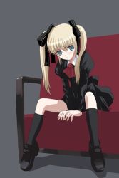 Rule 34 | 1girl, ascot, black dress, black socks, blonde hair, blue eyes, bow, couch, dress, grey background, hair bow, kneehighs, loafers, natori (natorism), original, shoes, sitting, socks, solo, twintails, v arms