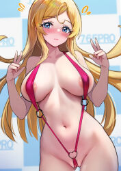 Rule 34 | 1girl, blush, breasts, breasts apart, c (theta), cameltoe, cleft of venus, cowboy shot, double w, female pubic hair, flying sweatdrops, full-face blush, groin, heart ring swimsuit, highres, idolmaster, idolmaster million live!, large breasts, looking at viewer, monokini, navel, o-ring, o-ring swimsuit, pubic hair, shinomiya karen, slingshot swimsuit, solo, swimsuit, w