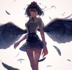 Rule 34 | 1girl, alternate eye color, black hair, black ribbon, black skirt, black wings, blue eyes, breasts, character name, commentary request, eit (ikeuchi), feathered wings, feathers, feet out of frame, grey background, hair between eyes, hat, highres, looking at viewer, medium breasts, miniskirt, neck ribbon, parted lips, pleated skirt, pom pom (clothes), puffy short sleeves, puffy sleeves, ribbon, shameimaru aya, shirt, short hair, short sleeves, simple background, skirt, solo, standing, tassel, thighs, tokin hat, touhou, white shirt, wing collar, wings
