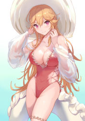 Rule 34 | 1girl, azur lane, bad id, bad pixiv id, bare shoulders, blue background, blush, breasts, bridal garter, cleavage, closed mouth, collarbone, gradient background, hat, highleg, highleg swimsuit, innertube, large breasts, long hair, long sleeves, looking at viewer, mokyumokyuchan, one-piece swimsuit, pink one-piece swimsuit, puffy long sleeves, puffy sleeves, richelieu (azur lane), richelieu (fleuron of the waves) (azur lane), see-through, smile, sun hat, swim ring, swimsuit, thighs, white headwear