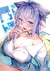 Rule 34 | 1girl, :d, ahoge, animal ear fluff, animal ears, black choker, breasts, cat ears, cat girl, choker, cleavage, collarbone, commentary, dress shirt, english commentary, fang, hair between eyes, highres, hololive, large breasts, long sleeves, looking at viewer, mixed-language commentary, nekomata okayu, nekomata okayu (oversized shirt), off shoulder, open mouth, purple eyes, purple hair, redcomet, shirt, short hair, smile, solo, virtual youtuber