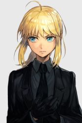 Rule 34 | 1girl, adjusting clothes, adjusting gloves, ahoge, aqua eyes, artoria pendragon (all), artoria pendragon (fate), black gloves, black necktie, black suit, blonde hair, blue eyes, collared shirt, facing viewer, fate/zero, fate (series), formal, gloves, grey background, grey shirt, hungry clicker, long sleeves, necktie, ponytail, saber (fate), shirt, simple background, solo, suit, v-shaped eyebrows
