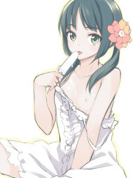 Rule 34 | 1girl, bad id, bad pixiv id, bare shoulders, black hair, dress, dripping, face, flat chest, flower, food, green eyes, hair flower, hair ornament, highres, ice cream, kusano houki, licking, nipples, original, popsicle, sitting, sketch, solo, strap slip, sundress, tongue, twintails