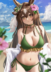Rule 34 | 1girl, absurdres, aimi (tikichin0229), bare shoulders, beach, bikini, blue sky, blurry, blurry foreground, blush, breasts, brown hair, choker, cleavage, cloud, collarbone, cowboy shot, day, depth of field, ear ornament, flower, frilled bikini, frills, green bikini, green choker, green ribbon, grey hair, hair between eyes, hair flower, hair ornament, half updo, hibiscus, highres, large breasts, long hair, long sleeves, looking at viewer, multicolored hair, navel, ocean, open clothes, open shirt, parted lips, pink flower, ribbon, satono diamond (umamusume), shirt, side-tie bikini bottom, sky, sleeves past wrists, smile, solo, stomach, straight hair, swimsuit, two-tone hair, umamusume, undressing, very long hair, water, white shirt, yellow eyes