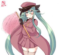Rule 34 | 1girl, artist logo, beige legwear, black gloves, black ribbon, brown hat, commentary request, cosplay, cowboy shot, dated, gloves, green eyes, green hair, hair between eyes, hair ornament, hair ribbon, hairclip, hat, hatsune miku, hatsune miku (cosplay), highres, kanon (kurogane knights), kantai collection, long hair, looking at viewer, military, military uniform, parted bangs, peaked cap, ponytail, ribbon, senbon-zakura (vocaloid), sidelocks, simple background, solo, standing, thighhighs, twintails, uniform, very long hair, vocaloid, white background, yamakaze (kancolle)