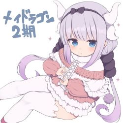 Rule 34 | 1girl, :o, beads, black hairband, blue eyes, blunt bangs, blush, capelet, dragon girl, dragon horns, feet out of frame, frilled capelet, frills, gamuo, hair beads, hair ornament, hairband, horns, kanna kamui, kobayashi-san chi no maidragon, light purple hair, looking at viewer, low twintails, solo, sparkle, tail, thighhighs, twintails, white thighhighs
