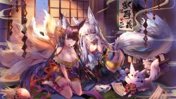 Rule 34 | 2girls, animal, animal ear fluff, animal ears, bare shoulders, barefoot, bell, black hair, breasts, choker, cleavage, copyright request, fox, fox ears, fox mask, fox tail, glasses, indoors, japanese clothes, jingle bell, large breasts, long hair, looking at viewer, mask, multiple girls, multiple tails, off shoulder, one eye closed, open mouth, red eyes, ribbon, silver hair, tail, usagihime, yawning
