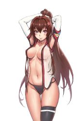 Rule 34 | 10s, 1girl, adjusting hair, armband, arms up, black panties, black thighhighs, breasts, breasts apart, brown hair, bunching hair, detached sleeves, dressing, flower, gluteal fold, gou (ga673899), hair flower, hair intakes, hair ornament, hair tie, haoni, kantai collection, large breasts, long hair, mouth hold, navel, no bra, open clothes, open shirt, panties, ponytail, red eyes, shiny skin, shirt, simple background, single thighhigh, skindentation, solo, stomach, thigh gap, thighhighs, twitter username, tying hair, underwear, very long hair, white background, yamato (kancolle)