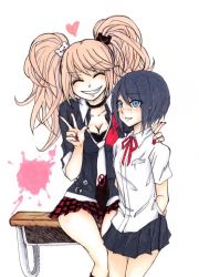 Rule 34 | 2girls, arms behind back, arms up, bear hair ornament, black choker, black hair, black skirt, blonde hair, blood, blood splatter, blue eyes, blush, bow, bra, breasts, buttons, calf boots, choker, cleavage, collarbone, collared shirt, danganronpa: trigger happy havoc, danganronpa (series), desk, enoshima junko, fake nails, fingernails, freckles, grin, hair ornament, hand on another&#039;s shoulder, hands up, heart, ikusaba mukuro, incest, lace, lace choker, large breasts, long hair, looking to the side, medium breasts, medium hair, miniskirt, multiple girls, nail polish, neck ribbon, necktie, on desk, pink blood, plaid, plaid skirt, pleated skirt, pocket, red bow, red nails, red neckwear, red skirt, ribbon, shirt, shirt pocket, siblings, simple background, sisters, sitting, on desk, skirt, smile, toothy grin, twincest, twins, twintails, underwear, v, white background, white neckwear, white shirt, yuri