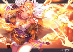 Rule 34 | 1girl, blonde hair, breasts, cowboy shot, facial mark, fate/grand order, fate (series), horns, ibaraki douji (fate), japanese clothes, kimono, looking at viewer, omo (utakatadice), oni, oni horns, parted lips, small breasts, smile, solo, tattoo, wide sleeves, yellow eyes