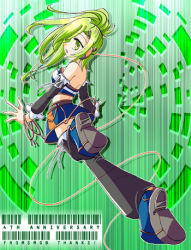 Rule 34 | 1girl, abstract background, bare shoulders, beatmania, beatmania iidx, blue skirt, detached sleeves, from behind, full body, green eyes, green hair, kitami erika, long hair, lowres, matching hair/eyes, miniskirt, ponytail, running, shoe soles, shoes, short hair, skirt, solo