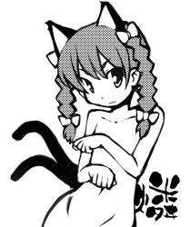 Rule 34 | 1girl, animal ears, braid, cat ears, cat girl, cat tail, female focus, flat chest, greyscale, halftone, high contrast, kaenbyou rin, kanno, monochrome, multiple tails, nude, solo, tail, touhou, twin braids