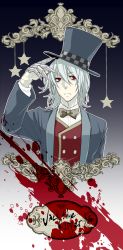 Rule 34 | 1boy, albino, blood, blood splatter, bow, bowtie, checkered bow, checkered bowtie, checkered clothes, claw (weapon), collared shirt, eikoku tantei mysteria, grey jacket, hair between eyes, hat, highres, jack millers, jacket, kurose (cha no yu), red eyes, red vest, shirt, silver hair, solo, star (symbol), top hat, vest, weapon, white shirt