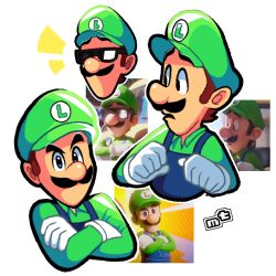 Rule 34 | 1boy, brown hair, crossed arms, facial hair, gloves, hat, looking at viewer, luigi, mario (series), mustache, nintendo, open mouth, overalls, sunglasses, the super mario bros. movie