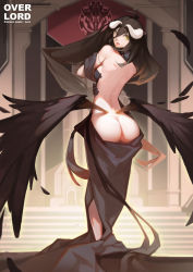 Rule 34 | 1girl, ahoge, albedo (overlord), ass, backless dress, backless outfit, bare shoulders, black hair, black wings, butt crack, demon girl, dress, from behind, highres, horns, long hair, looking at viewer, looking back, nero (nilu), overlord (maruyama), solo, wings, yellow eyes