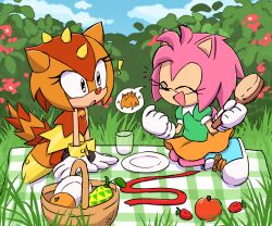 Rule 34 | 2girls, amy rose, apple, brown hair, food, fruit, gloves, horns, leaf--storm, looking at another, multiple girls, open mouth, picnic, picnic basket, pink hair, ribbon, smile, sonic (series), sonic superstars, spoilers, strawberry, trip the sungazer, white gloves