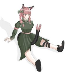 Rule 34 | 1girl, :&lt;, black footwear, braid, cat girl, cat tail, commentary, dress, full body, green dress, highres, juliet sleeves, kaenbyou rin, long sleeves, multiple tails, puffy sleeves, r4bb2t, red eyes, red hair, side braids, simple background, sitting, solo, tail, touhou, twin braids, two tails, white background