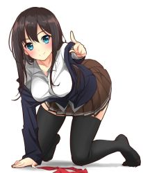Rule 34 | 1girl, all fours, black thighhighs, blazer, blue eyes, blush, breasts, brown hair, brown skirt, closed mouth, clothes pull, collarbone, feet, foreshortening, hair between eyes, index finger raised, jacket, jacket pull, large breasts, long hair, looking at viewer, max melon, neckerchief, no shoes, original, pleated skirt, pointing, pointing at viewer, red neckerchief, school uniform, shadow, simple background, skirt, smile, solo, thighhighs, white background, zettai ryouiki