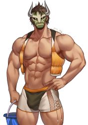 Rule 34 | 1boy, abs, alternate costume, bara, bare pectorals, black male swimwear, brown hair, bulge, clothing cutout, cross-laced clothes, cross-laced cutout, crotch cutout, feet out of frame, fire emblem, highres, horned mask, jouvru, large pectorals, legion (fire emblem), looking at viewer, male focus, male swimwear, mask, muscular, muscular male, navel, nintendo, nipples, pectorals, short hair, solo, stomach, swim briefs, thick thighs, thighs, white background, white male swimwear
