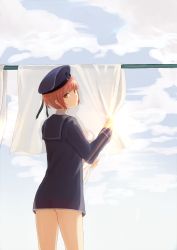 Rule 34 | 10s, 1girl, blue dress, blue sky, blunt bangs, brown hair, clothes writing, clothesline, day, dress, from behind, hat, kagari (kgr 000), kantai collection, laundry, looking at viewer, looking back, sailor collar, sailor dress, sailor hat, short hair, sky, solo, z3 max schultz (kancolle)