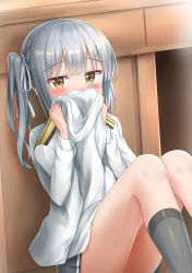 Rule 34 | 10s, 1girl, absurdres, blush, commentary request, epaulettes, grey hair, grey socks, grey skirt, highres, holding, holding clothes, kantai collection, kasumi (kancolle), kneehighs, long hair, long sleeves, military, military uniform, naval uniform, nedia (nedia region), pleated skirt, shirt, side ponytail, skirt, socks, solo, uniform, white shirt, yellow eyes