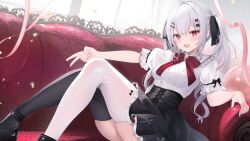 Rule 34 | 1girl, asymmetrical legwear, black corset, black footwear, black skirt, black thighhighs, bow, bowtie, collar, commentary, commentary request, commission, corset, couch, frilled collar, frills, grey hair, indie virtual youtuber, kurage cc, long hair, open mouth, orange gemstone, pink ribbon, red bow, red bowtie, red eyes, ribbon, shirt, short sleeves, skeb commission, skindentation, skirt, smile, solo, symbol-only commentary, thighhighs, thighs, twintails, v, virtual youtuber, white shirt, white thighhighs, yorumiya luna