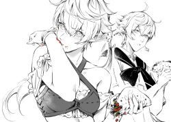 Rule 34 | 1boy, 1girl, alisaie leveilleur, alphinaud leveilleur, bikini, bikini top only, blush, bracelet, braid, braided ponytail, brother and sister, criss-cross halter, detached sleeves, dmuyaa, earrings, elezen, elf, embarrassed, final fantasy, final fantasy xiv, food, food on body, frills, halterneck, hands up, holding, holding food, jewelry, long hair, looking at viewer, monochrome, neckerchief, pointy ears, ribbon-trimmed bikini, siblings, spot color, swimsuit, taco, twins, upper body, wiping mouth