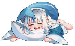 Rule 34 | 1girl, blue hair, blue hoodie, blue nails, blunt bangs, blush, commentary, fins, fish tail, gawr gura, hair ornament, highres, hololive, hololive english, hood, hoodie, long sleeves, lying, multicolored hair, nail polish, on stomach, open mouth, pillow, pyytato, shark tail, sharp teeth, simple background, sleeping, solo, streaked hair, symbol-only commentary, tail, teeth, two side up, virtual youtuber, white background, white hair, wide sleeves