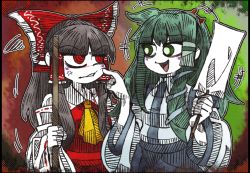 Rule 34 | 2girls, anger vein, angry, ascot, black hair, border, bow, detached sleeves, frog hair ornament, gohei, gradient background, green eyes, green hair, hair bow, hair ornament, hair ribbon, hair tubes, hakurei reimu, japanese clothes, kochiya sanae, long hair, long sleeves, looking at another, md5 mismatch, miko, multiple girls, oonusa, open mouth, red eyes, resized, ribbon, shirt, skirt, smile, snake hair ornament, suenari (peace), touhou