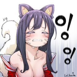 Rule 34 | 1girl, ahri (league of legends), animal ears, artist name, bare shoulders, black hair, blush, breasts, cleavage, clenched teeth, collarbone, crying, detached sleeves, fox ears, fox girl, fox tail, grey background, large breasts, league of legends, lolboja, long hair, red sleeves, solo, tail, tears, teeth, translation request, white background