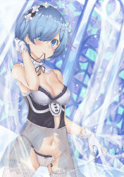 Rule 34 | 10s, 1girl, absurdres, adapted costume, blue eyes, blue hair, blurry, blush, bow, bow panties, breasts, cleavage, commentary request, cowboy shot, curtains, depth of field, detached collar, gloves, gluteal fold, hair ornament, hair over one eye, tucking hair, highres, holding, holding strap, konata (knt banri), lace, lace-trimmed legwear, lace-trimmed panties, lace trim, lingerie, lips, looking at viewer, maid headdress, matching hair/eyes, medium breasts, mouth hold, navel, neck ribbon, negligee, panties, re:zero kara hajimeru isekai seikatsu, rem (re:zero), ribbon, ribbon in mouth, see-through, short hair, side-tie panties, solo, stained glass, thighhighs, underwear, underwear only, untied panties, white gloves, white thighhighs, window, x hair ornament
