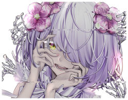 Rule 34 | 1girl, bare shoulders, close-up, commentary, distortion, flower, hair between eyes, hair flower, hair ornament, hair over one eye, hand on own face, highres, kudou chitose, looking at viewer, nail polish, nijisanji, open mouth, pink flower, pink nails, pirapirapirapira, portrait, short hair, skeletal hand, sleeveless, smile, solo, virtual youtuber, wavy hair, white hair, yandere trance, yellow eyes