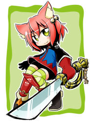 Rule 34 | 1girl, 7th dragon, 7th dragon (series), animal ear fluff, animal ears, bike shorts, black footwear, black shorts, blue jacket, blush, boots, cat ears, closed mouth, commentary request, fighter (7th dragon), full body, gloves, green background, green eyes, green thighhighs, hair bobbles, hair ornament, harukara (7th dragon), holding, holding sword, holding weapon, jacket, long sleeves, looking at viewer, naga u, one side up, pink hair, red gloves, shorts, smile, striped clothes, striped thighhighs, sword, thighhighs, thighhighs under boots, two-tone background, weapon, white background