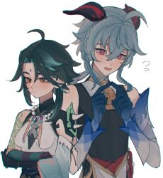 Rule 34 | 1boy, 1girl, ahoge, arm tattoo, bead necklace, beads, bell, black hair, blue hair, blush, breasts, closed eyes, closed mouth, crossed arms, detached sleeves, facial mark, flying sweatdrops, forehead mark, ganyu (genshin impact), genderswap, genderswap (ftm), genderswap (mtf), genshin impact, gloves, highres, horns, jewelry, long hair, multicolored hair, neck bell, necklace, open mouth, orange eyes, pink eyes, secretmeiz, simple background, small breasts, tattoo, upper body, white background, xiao (genshin impact)